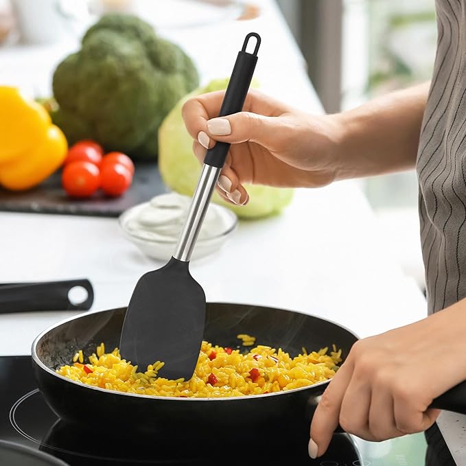 4 Pack Silicone Utensils Set, Non Stick Solid Spatulas, Heat Resistant Blue Slotted Spoons with Stainless Steel Handle, BPA Free Cooking Turner for Stir-Fry, Frying, Mixing, Serving,Draining,Turning