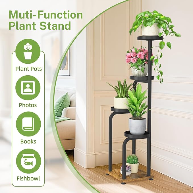 iDavosic.ly Tall Plant Stand Indoor, 4 Tier Corner Multiple Flower Holder Shelf with Metal Trays, Space Saving Display Rack for Living Room Balcony Patio Porch Outdoor | Black & Brown
