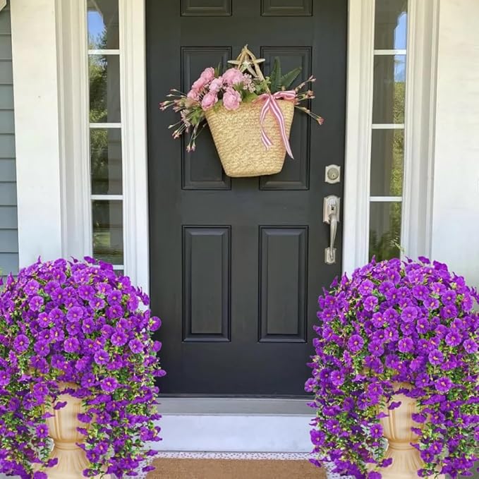 4PCS Artificial Hanging Flowers for Outdoor Decor UV Resistant Fake Morning Glory Realistic Silk Spring Summer Hanging Plants for Porch Patio Balcony Yard (Purple)