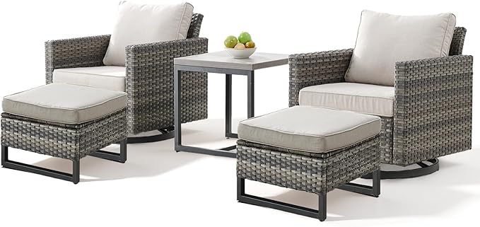 Patio Furniture Set with Swivel Chairs-5 Piece Outdoor Swivel Rocker Patio Chairs with Ottomans Rattan Side Table, Comfy Cushion Outdoor Furniture Set for Porch Deck Garden Backyard(Grey/Beige)