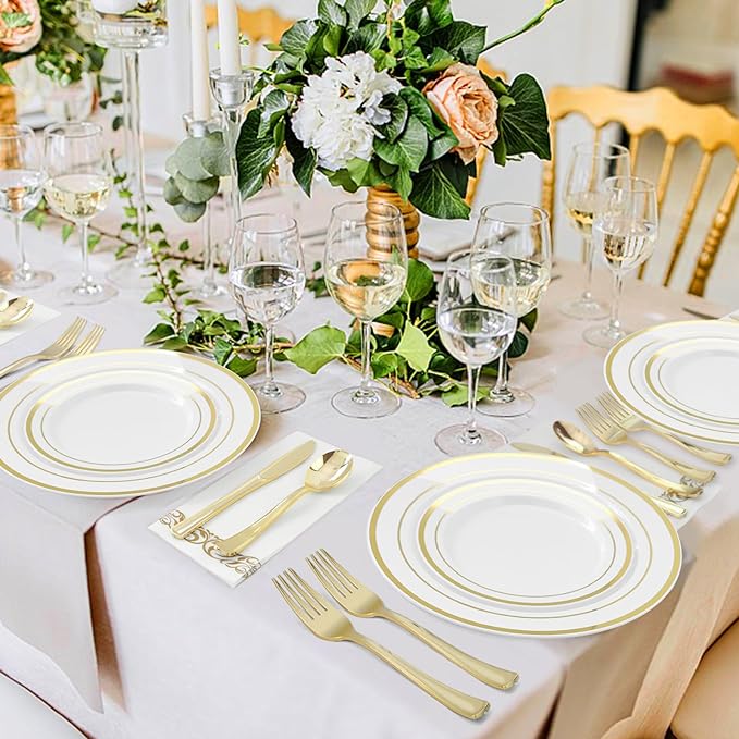 BESTVIP 400PCS Gold Plastic Silverware, Gold Disposable Utensils, Heavy Duty Cutlery Set of 200 Forks, 100 Spoons, 100 Knives for Christmas, Parties, Weddings, Catering and Daily Use