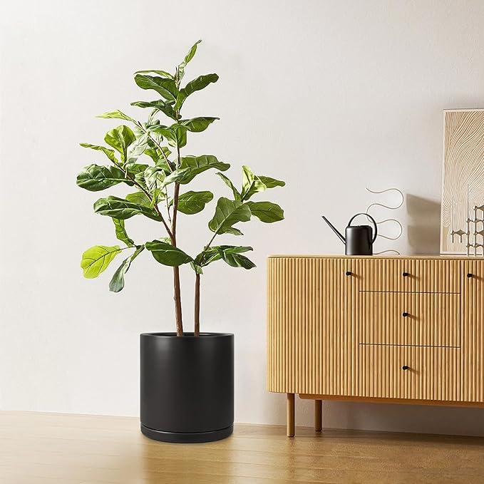 Kazeila 12 Inches Ceramic Planter Pot - Saucer and Drainage Hole - Full Glazed - Matte Black