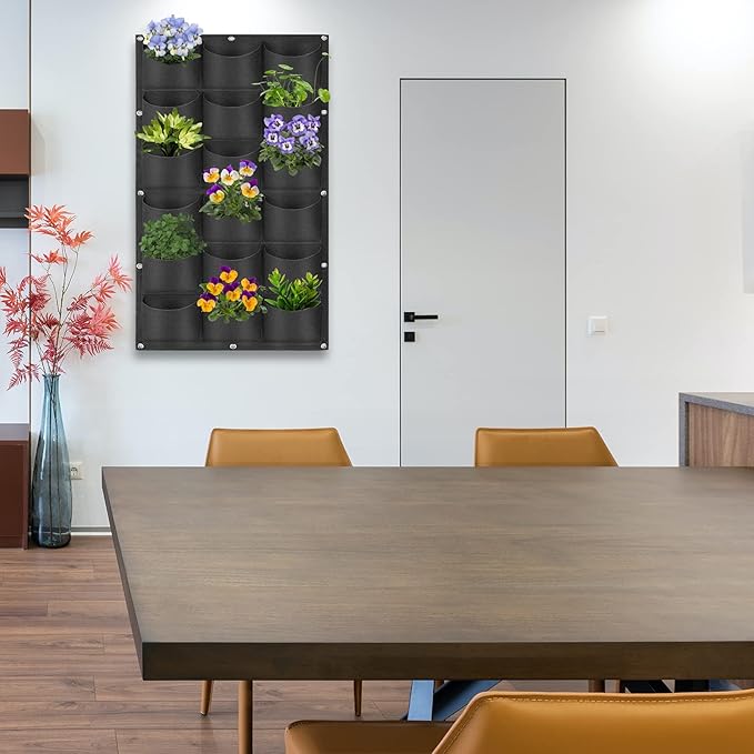 18 Pockets Hanging Planter Bags, Hanging Vertical Wall Mounted Plant Planting Grow Bags, Herb Garden Planter Outdoor Indoor Growing Bag, Gardening Vertical Greening Flower Container(1m×0.5m, Black)