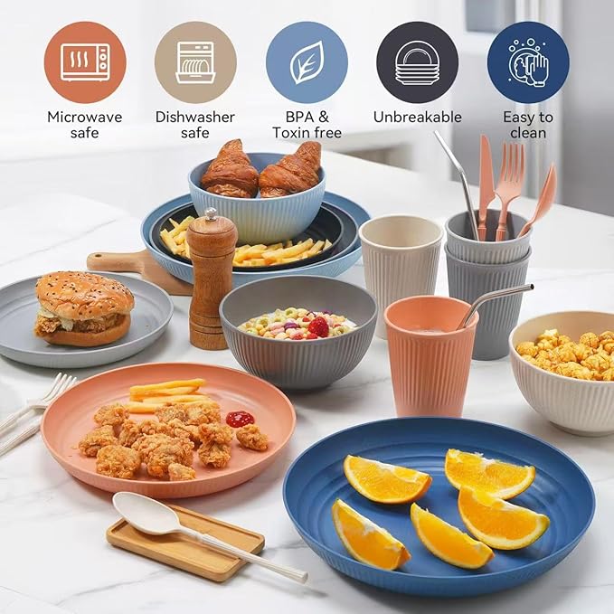 Wheat Straw Dinnerware Sets,56-Piece Plates and Bowls Sets for 8-Unbreakable,Reusable Plastic Dish Set-Dinner Plate/Cereal Bowl/Cup/Utensils-Microwavable Dishwasher Safe 56P-Gray
