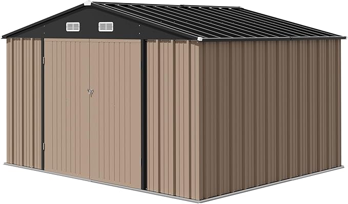 Devoko 8 x 10 FT Outdoor Storage Shed, Metal Garden Sheds & Outdoor Storage Clearance, Large Tool Shed Outdoor with Single Lockable Door for Patio Lawn Backyard (Brown)