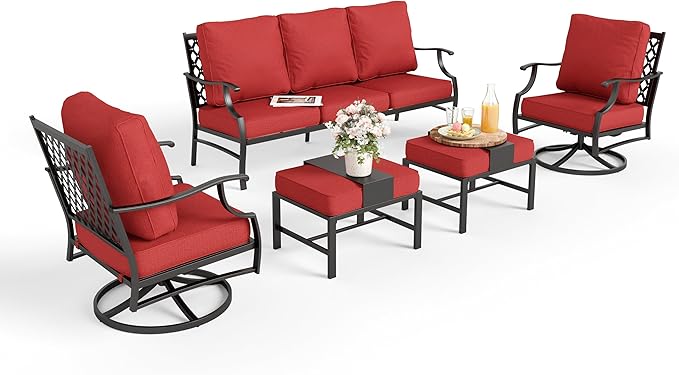 Patio Furniture Set 5 pcs, Outdoor Patio Furniture, 3-Seat Sofa, 2 Swivel Chairs, 2 Ottomans and 5.75" Extra Thick Cushion, Patio Conversation Set for Garden Backyard Deck,Red