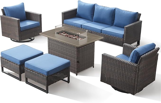 Patio Furniture Set with Fire Pit Table-6 Pieces All Weather Outdoor Swivel Chairs Set of 2 with Patio Sofa and Ottomans, Patio Conversation Sets for Porch Deck Garden Backyard(Brown/Blue)