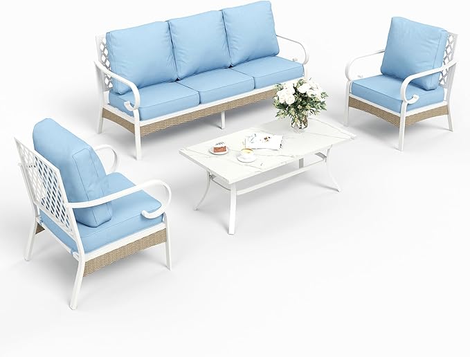 4 Piece Metal Outdoor Patio Furniture Sets, Patio Conversation Sets 1 3-seater Sofa, 2 Single Sofa with 5.75" Extra Thick Cushion and Coffee Table, White Frame Backyard Furniture, Blue