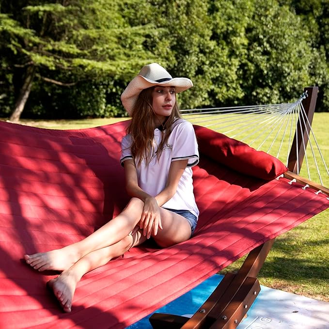 Lazy Daze Hammocks 12 FT Double Quilted Fabric Hammock with Spreader Bars and Detachable Pillow, 2 Person Hammock, 450lbs Weight Capacity, Burgundy