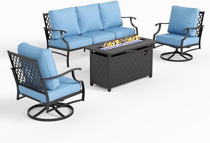 4 Piece Metal Outdoor Patio Furniture Sets with 5000 BTU Firepit Table, Patio Conversation Sets 1 3-seater Sofa, 2 Swivel Chair with 5.75" Thick Cushion, Black Backyard Furniture, Blue