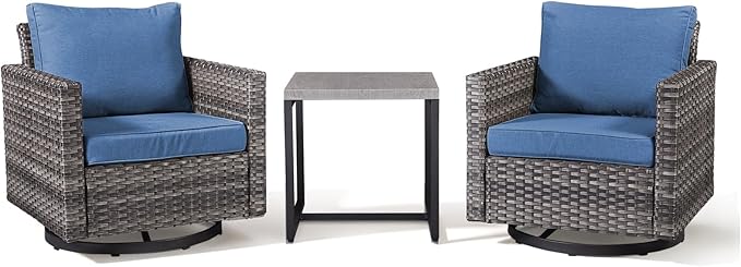 Outdoor Swivel Rocker Patio Chairs-3 Pieces Wicker Swivel Patio Chairs Set of 2 with Matching Side Table, Thick Cushions High Back Outdoor Furniture Set for Deck Porch Balcony(Grey/Blue)