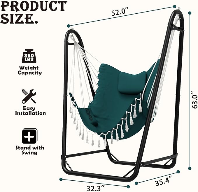 Hammock Chair with Stand,Heavy-Duty Hanging Chair with Stand, for Indoor Outdoor,Sturdy Swing Chair Stand Max Load 350 pounds(Hammock Chair Included) (Green)
