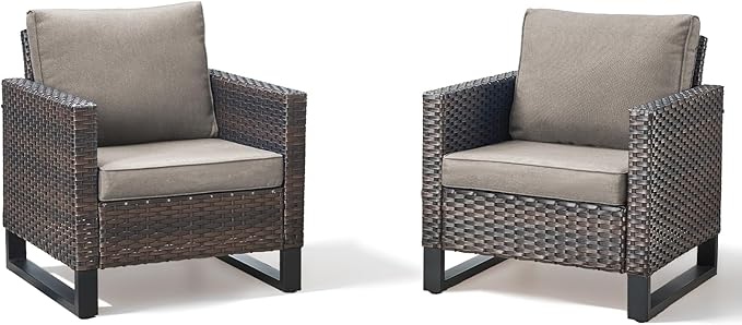 Wicker Outdoor Patio Chairs Set of 2-High Back Rattan Patio Club Chairs with Thickened Cushions Wide Armrest All Weather Patio Furniture Set for Deck Porch Balcony(Brown/Grey)