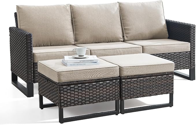 3 Pieces Patio Furniture Sets-All Weather Outdoor Sectional Patio Sofa with Multifunctional Ottomans Thicken Cushion Patio Conversation Set for Deck Porch Balcony(Brown/Beige)