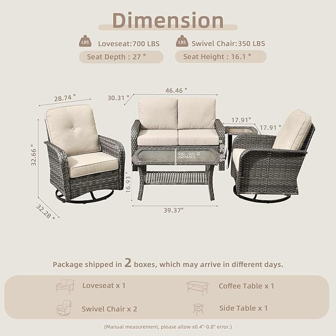 5 Pieces Patio Furniture Set,Outdoor Furniture with Rockers, Rattan Conversation Sets w/Coffee Table, Grey Wicker Light Beige Cushion