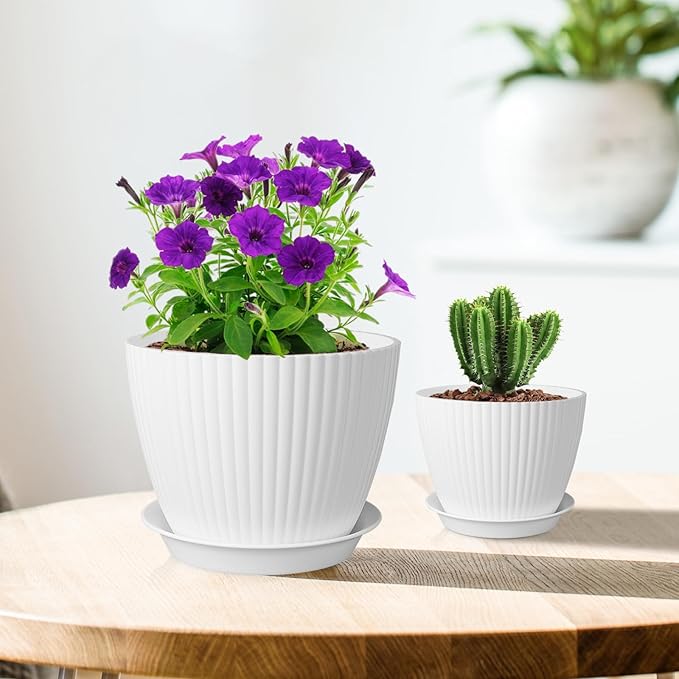 7/6.2/5.5/5/4.5/4 inch Plant Pots, 6 Pack Flower Pots for Small Indoor Outdoor Plants, Plastic Planters with Drainage Holes and Saucers for Garden Succulent House Plants, White