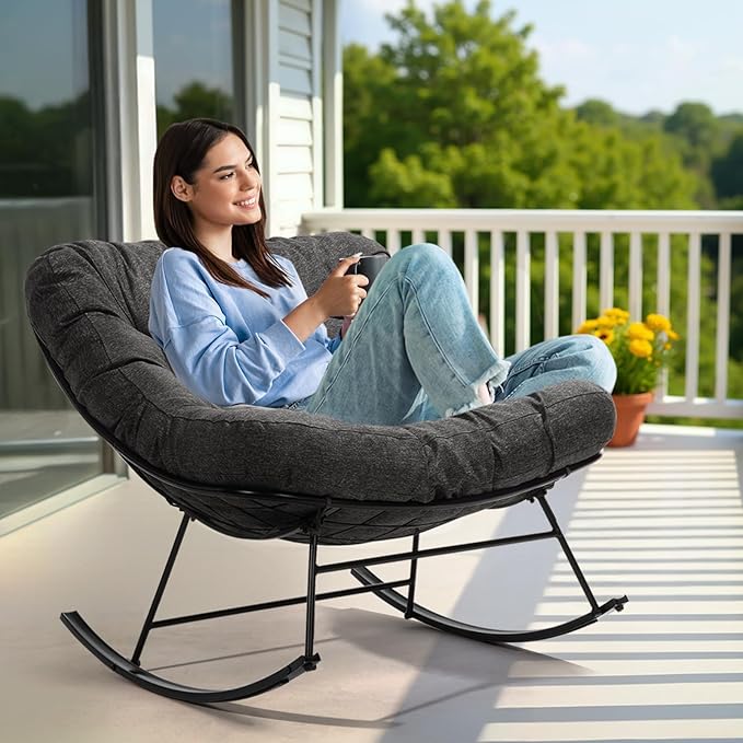 Bme Patio Rocking Chair Outdoor & Indoor, Metal Patio Lounge Rocking Chair with Thick Cushion, Comfy Modern Rocker Chair for Living Room, Porch, Backyard, Grey Cushion - Black Matte Rocker