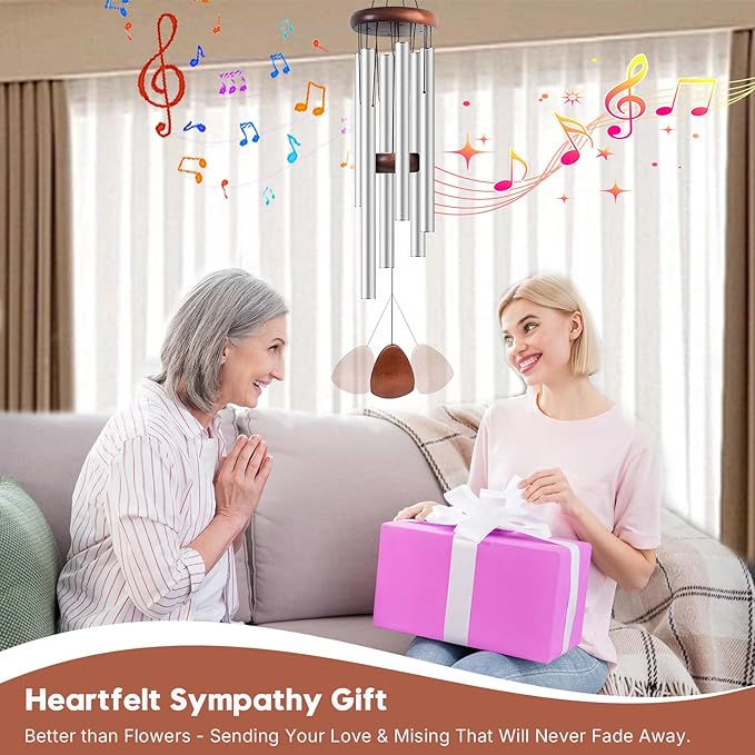 Aluminum Wind Chimes for Outdoor Garden and Yard with Soothing Deep Tones, Creates a Peaceful Ambiance with Sophisticated Wind Catcher, Ideal Calming Gift for Families (Silver, 37 Inches)