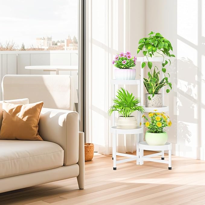 iDavosic.ly 5 Tier Folding Plant Stand Indoor Outdoor with Plastic Tray, Tiered Corner Flower Holder Shelf, Metal Orchid Display Rack for Patio Porch Living Room Garden Balcony, White