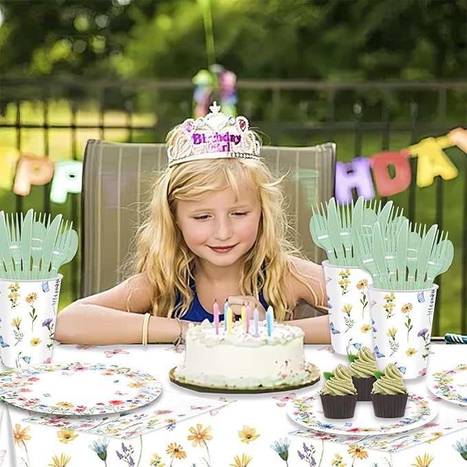 141Pcs Wildflower Party Decorations Spring Floral Birthday Decorations for 20 Guests - Tableware Plates and Napkins Forks Cups Straws Tablecloch for Baby Shower Party Decorations