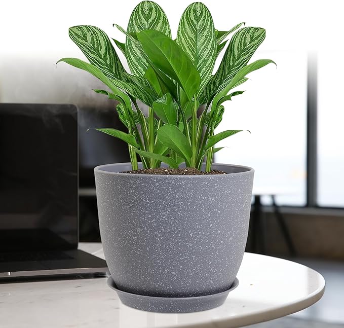 Modern Plant Pots Set, 9/8/7.5 inch Plastic Planters for Indoor Plants, Stylish Flower Pots with Drainage Holes and Saucers for House Plants and Flowers, Grey Speckles