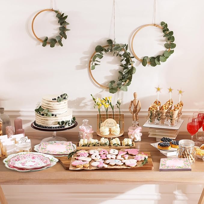 Tanlade 96 Pcs Pink Floral Plates and Napkins Serve 24, Disposable flower Paper Scalloped Dinner Plates 2 Ply Paper Napkins for Wedding Birthday Decorations Party Supplies