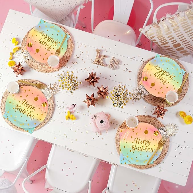 75PCS Happy Birthday Paper Plates - 7 Inch Colorful Gold Dot Paper Plates and 6.5 Inch Napkins with 6.3 Inch Gold Forks Disposable Tableware Set for Birthday Party Decorations, Serves 25