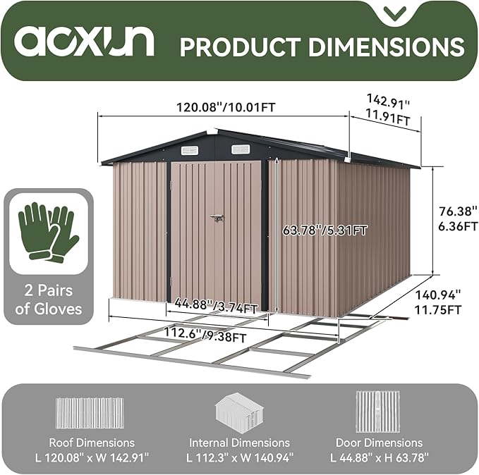 Aoxun 10 x 12FT Outdoor Storage Shed with Base Utility Garden Shed with Lockable Door & Sloped Roof Metal Sheds Outdoor Storage for Garden, Backyard, Patio and Backyard,(Brown/Base Included)