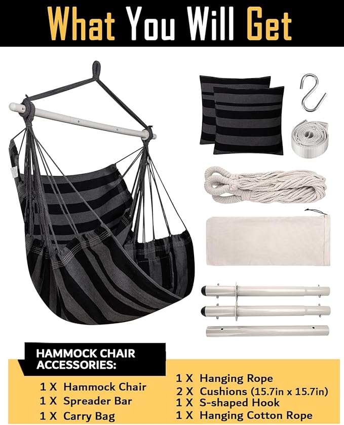 ADVOKAIR Hammock Chair Hanging Chair Swing Large Indoor with Anti-Slip Steel Spread Bar and Pocket-Max 500lbs-2 Cushions, Perfect for Bedroom,Outdoor,Patio, Porch,Backyard…