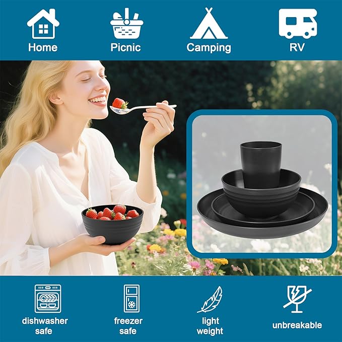 Black Wheat Straw Dinnerware Sets For 8 (32pcs),Unbreakable Dinnerware Set,Dishwasher Safe,Plastic Reusable Lightweight Rv Dishes Cups Plates and Bowls Sets for Camping Kitchen Picnic
