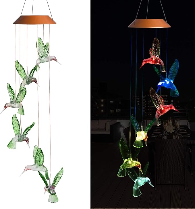 LED Solar Hummingbird Wind Chimes Outdoor - Waterproof Mobile Changing Light Color Wind Chime, Six Hummingbirds LED Wind Chimes for Home, Xmas Mom Gifts, Party, Festival Decor, Night Garden Decoration