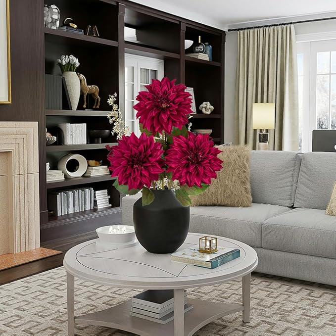 3Pcs Purplish Red Artificial Dahlia Flowers Fall Fake Flower Silk Flowers with Long Stem 28" Floral Arrangements Bouquets Autumn Faux Dahlias Flowers for DIY Wedding Party Centerpieces Home Decor