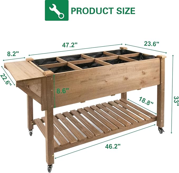 Raised Garden Bed with Wheels, Wood Elevated Garden Box with W-Connection Tabs,for Vegetable, Flower, Herb, Large Storage Shelf, Easy to Assemble, 55.5x24x32in