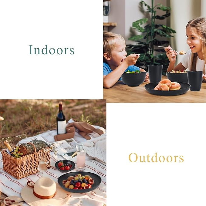 Wrova Wheat straw dinnerware sets of 16-10 inches plates,26oz bowls,2oz dipping bowls,12ozcups - Unbreakable plates and bowls sets microwave safe and dishwasher safe,service for 4. Black