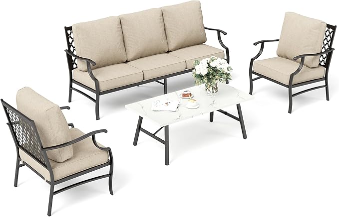 Patio Furniture Set, 4 Piece Modern Metal Outdoor Patio Furniture, 3 Seater Couch, 2 Fixed Chairs, Coffee Table and 5.75" Extra Thick Cushion, Patio Conversation Set for Backyard Deck