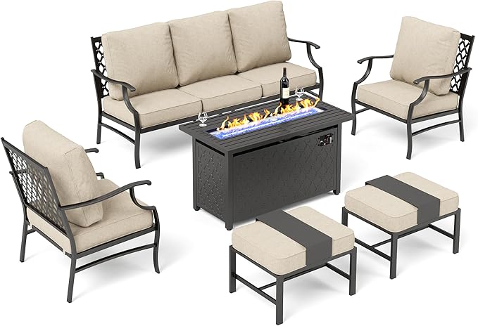 Patio Furniture Set with Firepit Table, Metal Outdoor Patio Furniture, 2 Single Chairs, 3 Seater Sofa, 2 Ottomans with 5.75" Extra Thick Cushion and Gas Firepit Table for Backyard Deck