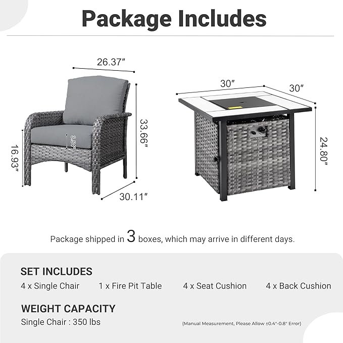 ovios 4 Pieces Patio Furniture Set with 30" Fire Pit Table, Outdoor Wicker Chairs of 4, All Weather High Back Rattan Chairs 4-Seater with Comfy Cushions, Dark Grey