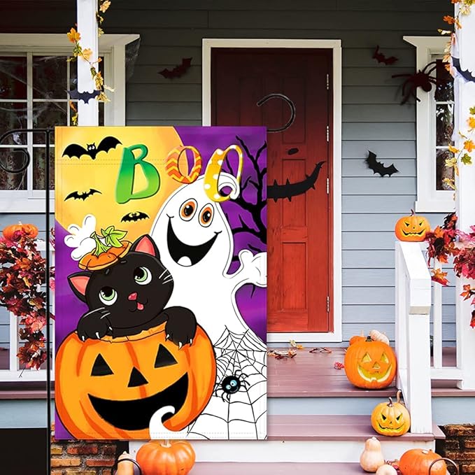Halloween Boo Garden Flag Vertical Double Sided Ghost Home Decoration, Jack O'Lantern Pumpkin Colorful Cute Holiday Yard Outdoor Decoration 12 x 18 Inch