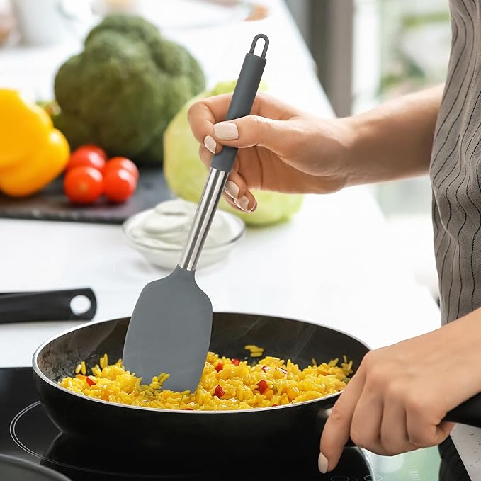 4 Pack Silicone Utensils Set, Non Stick Solid Spatulas, Heat Resistant Blue Slotted Spoons with Stainless Steel Handle, BPA Free Cooking Turner for Stir-Fry, Frying, Mixing, Serving,Draining,Turning