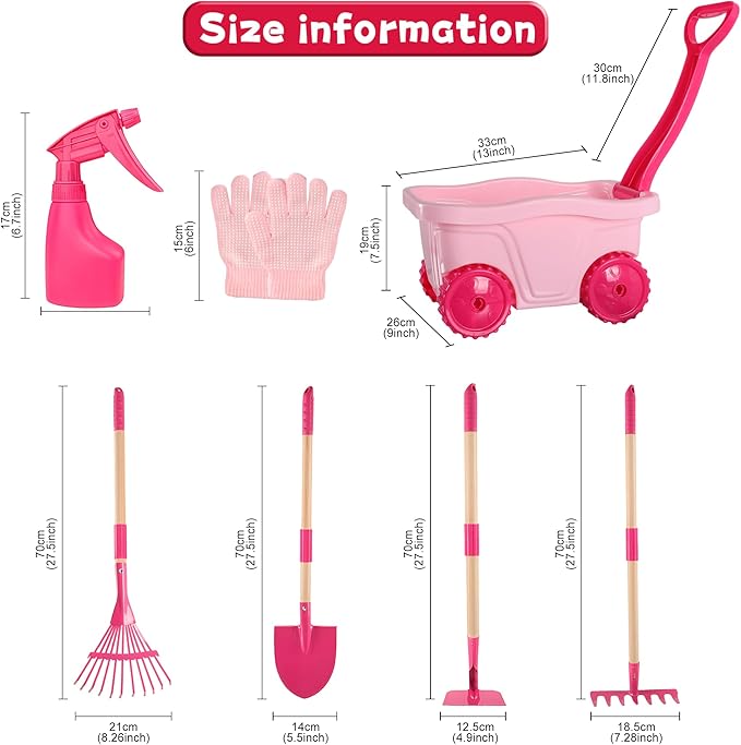 Duckura Kids Gardening Tools Set - 7pcs Wheelbarrow Set for Kids with Shovel, Rake, Leaf Rake, Summer Outdoor Yard Digging Weed Toys, Halloween Birthday Gifts for Boys Girls Age 2 3+ Years Old(Pink)