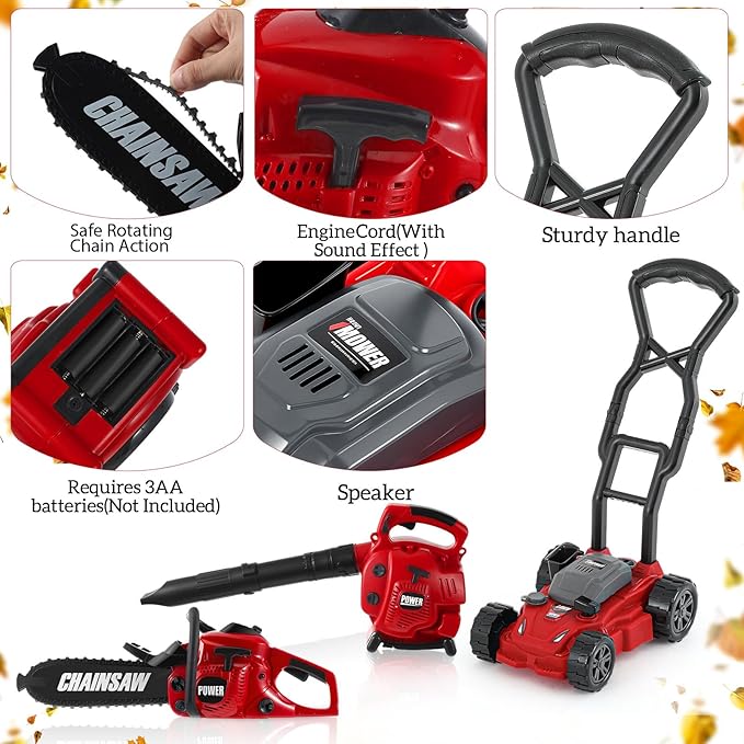 3 Pcs Toy Gardening Tool Set for Kids Toy Leaf Blower Chainsaw Push Lawn Mower Pretend Play Set with Lights and Sounds Birthday for Boys Girls