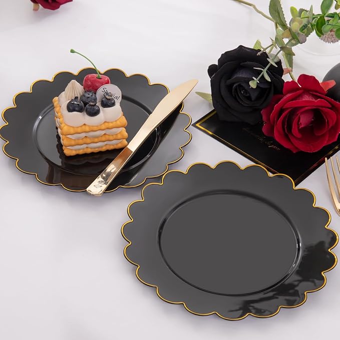 SUT 72 PCS Black Plates,Black Plastic Plates with Gold Rim, Black Party Plates, Plastic Plates for Party, 7.5 inch Plastic Dessert Plates, Black Disposable Plates for Party,New Year,Halloween