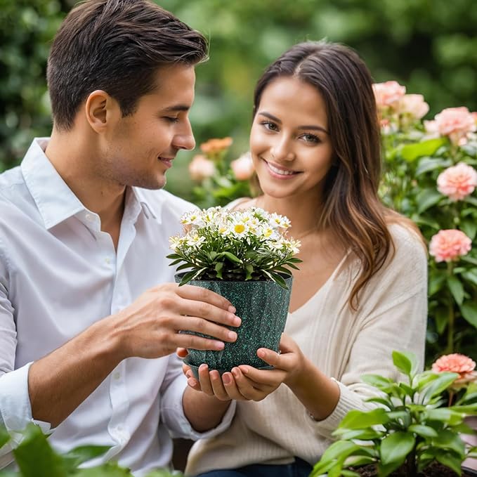 7 inch Plant Pots for Indoor Outdoor Plants, 5 Pack Thick Flower Pots with Drainage Holes and Saucers, 3D Modern Wave Texture Plastic Planter Nursery Pots, Black with Green Speckles