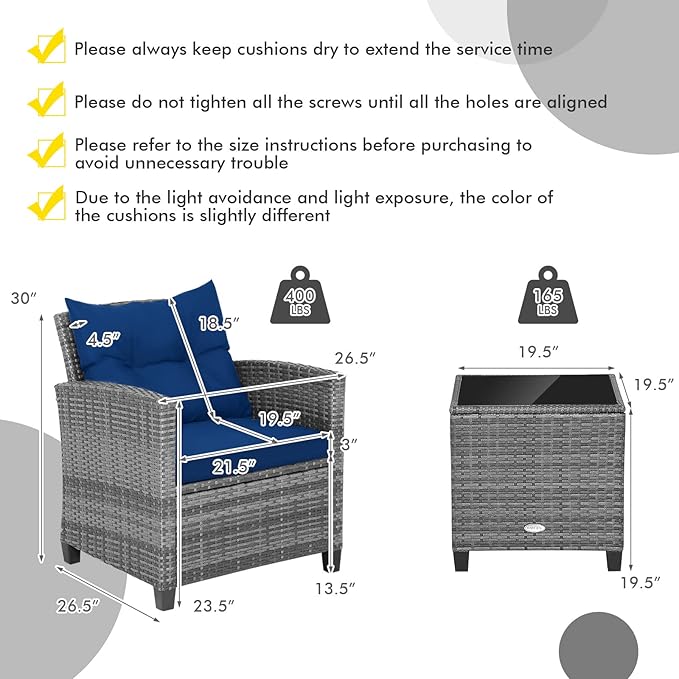 HAPPYGRILL 3 Pieces Patio Conversation Set, Outdoor Furniture Set PE Rattan Sofa Set with Removable Cushions, PE Wicker Chairs with Tempered Glass Side Table for Porch Lawn Garden Balcony Backyard