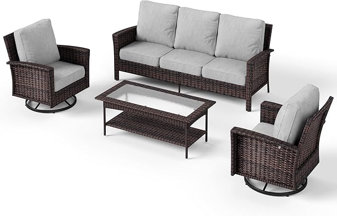 Patio Furniture Set with Swivel Chairs, High Back Wicker Rattan Furniture with 5.5" Thick Cushions and Coffee Table, Outdoor Conversation Set for Backyard Deck,5 Seats, Grey