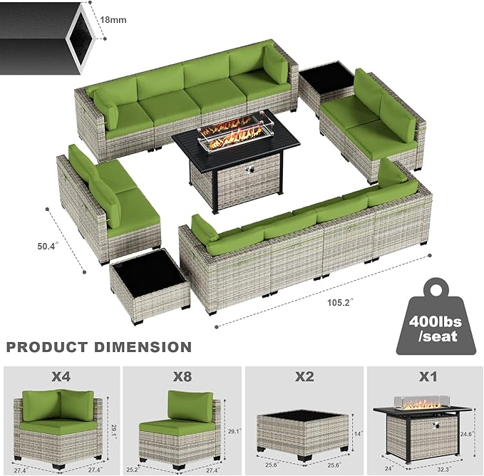 15-Piece Patio Furniture Set, Outdoor Patio Furniture with 55,000 BTU Fire Pit Table, Thick Cushions, Modular Patio Sofa, Dual-Strand Wicker Rattan, Rust-Resistant Frame, Grass Green