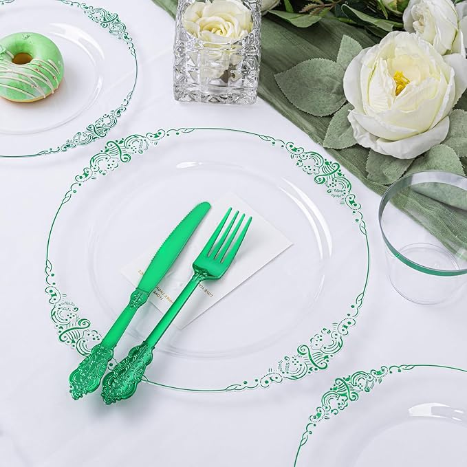 Hioasis 175pcs Clear Green Plastic Plates - Elegant Disposable Dinnerware Set Suitable for 25 Guests Include 10.25" Dinner & 7.5" Dessert Plates, Pre Rolled Silverware Set, Cups for Party & Wedding
