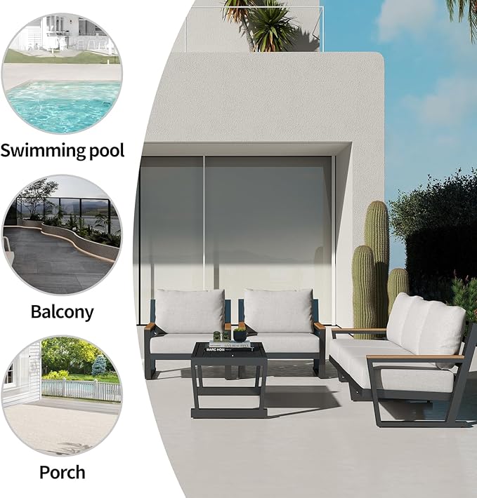 Aluminum Outdoor Sofa,4 Seats Modern Patio Furniture Set,Sectional Sofa Conversation Set with Coffee Table, Upgraded Washable Cushions for Garden Backyard,Grey