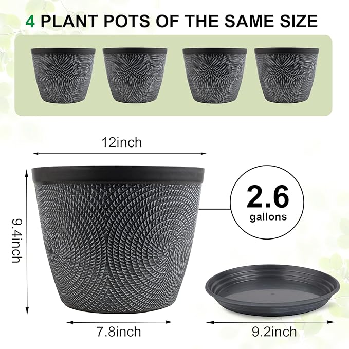 Quarut Large 12 Inch Plant Pot for Plants Outdoor Indoor, 4 Pack Plastic Flower Pots with Drainage Hole & Saucer, Modern Decorative Garden Pot with Saucer, Plant Container for House(Gray)