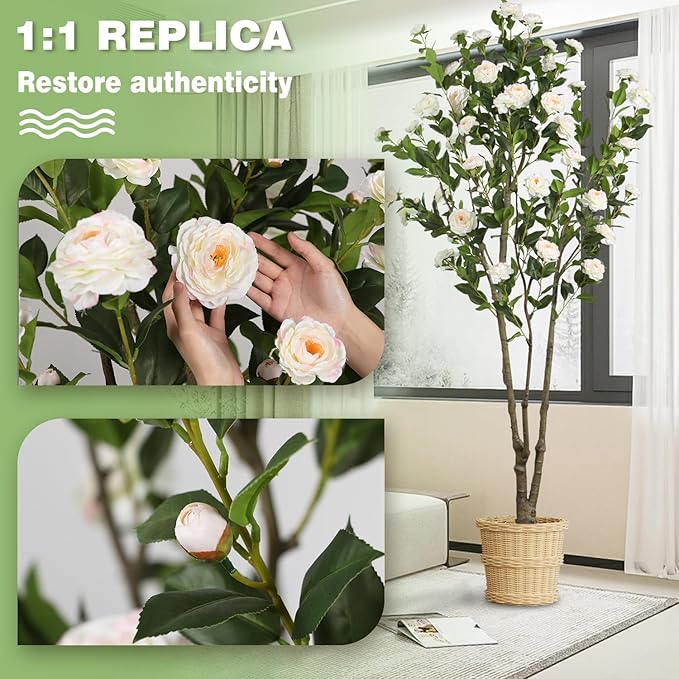 Faux Camellia Flower Tree 7ft(84in) Artificial Floor Plant for Indoor Decor Realistic Greenery Potted Tree with White Blooming Flowers and Natural Wood Trunk for Home Living Room,Office,Porch Decor